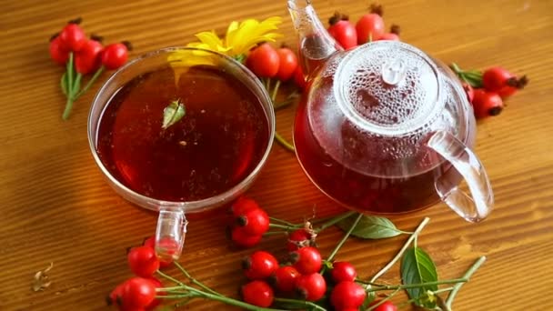 Hot tea from medicinal fruits of red ripe rosehip — Stock Video