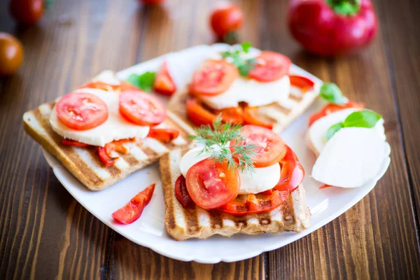 Fechar de um sanduíche fresco com mussarela, tomates — Fotografia de Stock