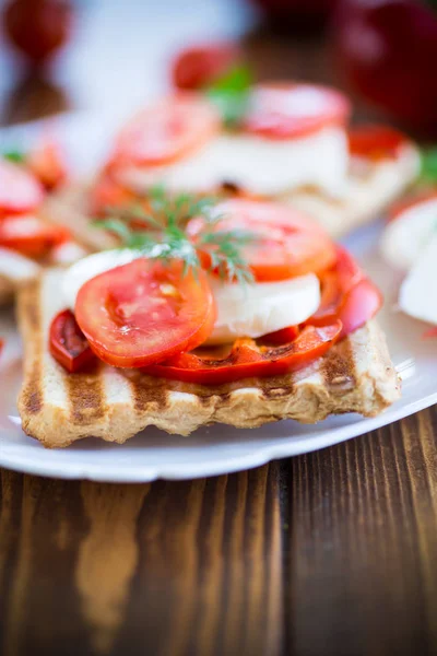 Κοντινά πλάνα από ένα φρέσκο σάντουιτς με μοτσαρέλα, ντομάτες — Φωτογραφία Αρχείου