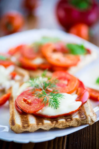 Κοντινά πλάνα από ένα φρέσκο σάντουιτς με μοτσαρέλα, ντομάτες — Φωτογραφία Αρχείου