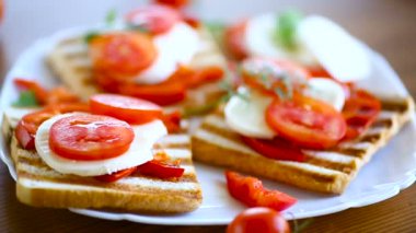 Mozzarella, domates ile taze bir sandviç Closeup