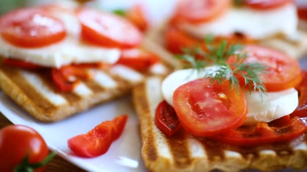 Closeup of a fresh sandwich with mozzarella, tomatoes — Stock Video