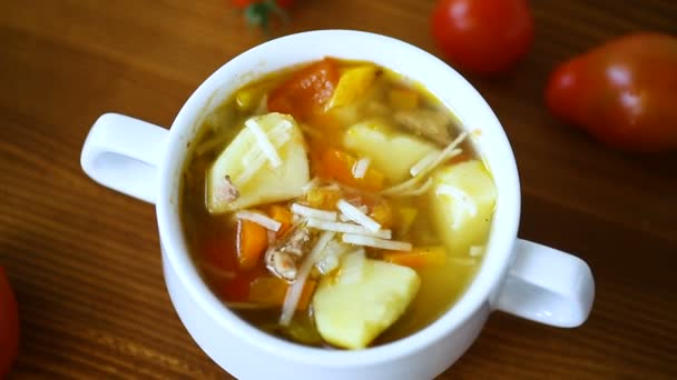 Sup sayuran dengan mie, tomat, paprika dan sayuran lainnya dalam piring — Stok Video