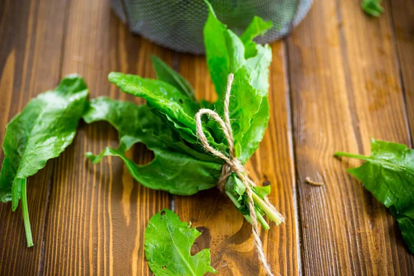 Bunch of organic fresh green sorrel, on a table. — Stock Photo, Image