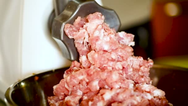Электрическая мясорубка крутит мясо — стоковое видео