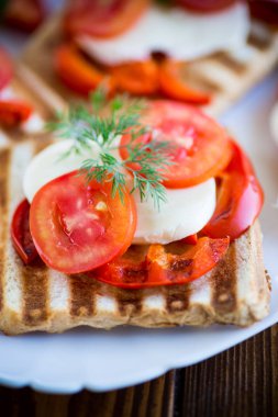 Mozzarella, domates ile taze bir sandviç Closeup