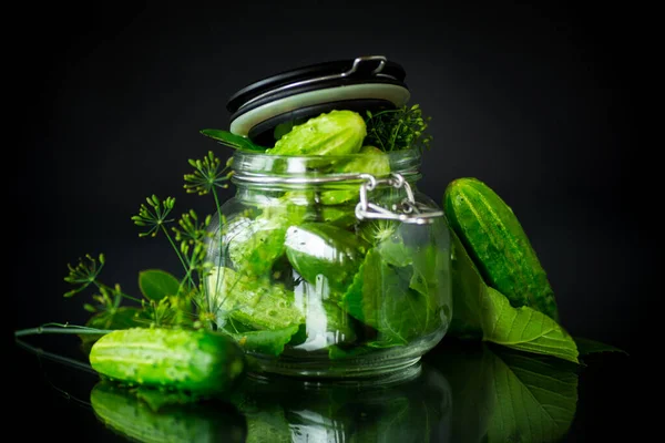 Огірки і спеції з травами для консервування в банці — стокове фото