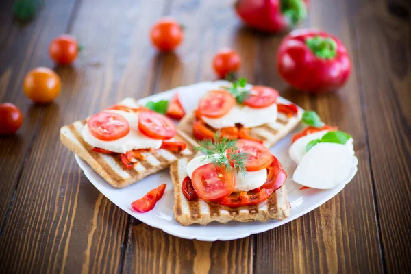Mozzarella, domates ile taze bir sandviç Closeup — Stok fotoğraf
