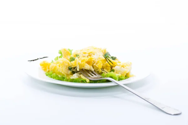 Fried Omelet Thin Vermicelli Salad Leaves Plate Isolated White Background — Stock Photo, Image