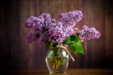 Tahta bir masada güzel bahar leylağı çiçekleri.