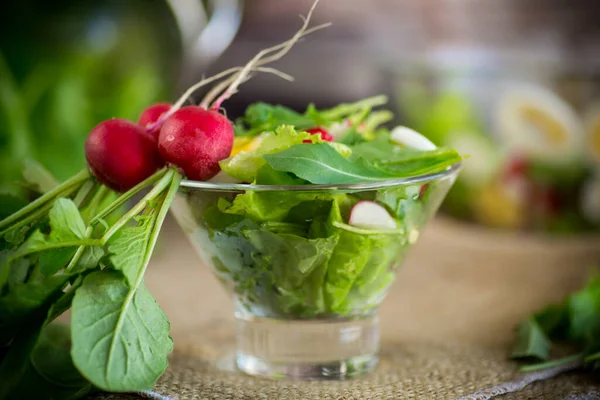 Salade de printemps avec roquette, œufs durs, radis frais, feuilles de salade dans un bol en verre — Photo