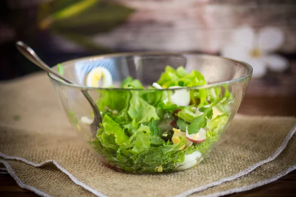 Tavaszi saláta arugulával, főtt tojás, friss retek, salátalevelek üvegtálban — Stock Fotó