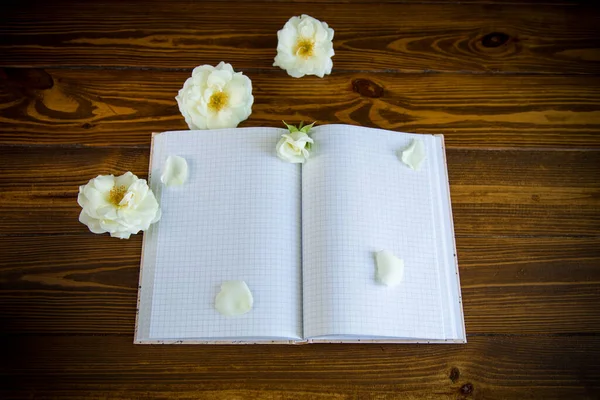 Bouquet of beautiful white roses and blank notebook — Stock Photo, Image