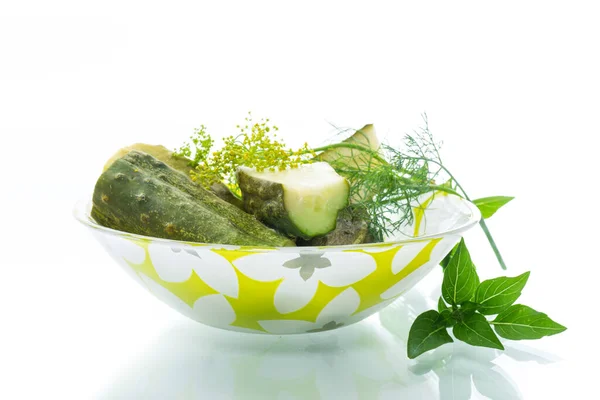 Lightly salted cucumbers with spices in a bowl — Stock Photo, Image