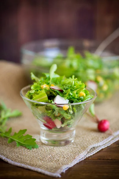 Salada de primavera de legumes primitivos, folhas de alface, rabanetes e ervas em um prato na mesa — Fotografia de Stock