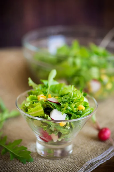 Весенний салат из ранних овощей, листья салата, редис и травы в тарелке на столе — стоковое фото