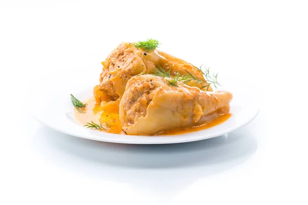 Stuffed with meat and rice with roasted pepper sauce — Stock Photo, Image