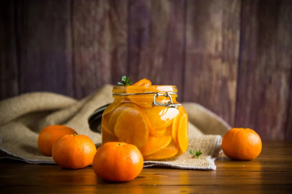Sweet Tangerine Jam Glass Jar Wooden Table — Stock Photo, Image