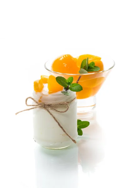 Homemade Sweet Yogurt Slices Pickled Peaches Glass Jar Isolated White — Stock Photo, Image