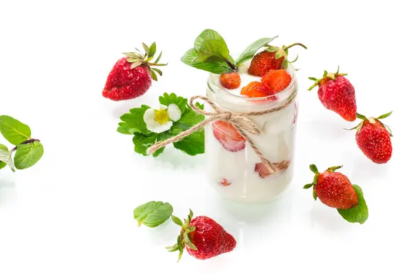 Sweet Homemade Yogurt Ripe Fresh Strawberries Jar Isolated White Background — Stock Photo, Image