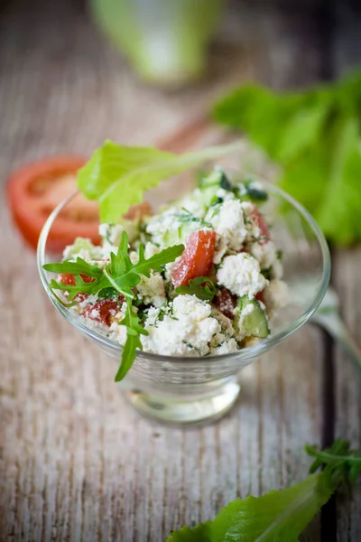 Ensalada Requesón Fresco Con Pepinos Tomates Con Hierbas Tazón Sobre — Foto de Stock