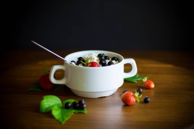 Taze ev yapımı süzme peynir ve yaz meyveleri kasede.