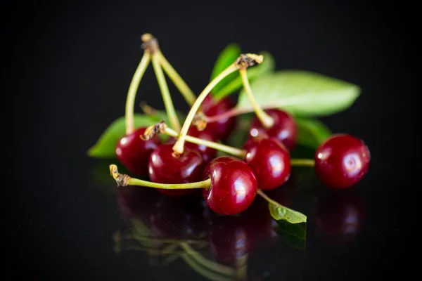 Ripe Red Natural Cherry Black Background — Stock Photo, Image