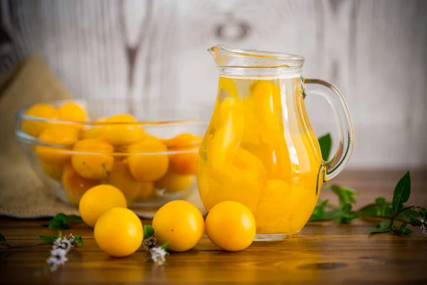 Compote Cuite Sucrée Dans Une Carafe Verre Prune Cerise Jaune — Photo