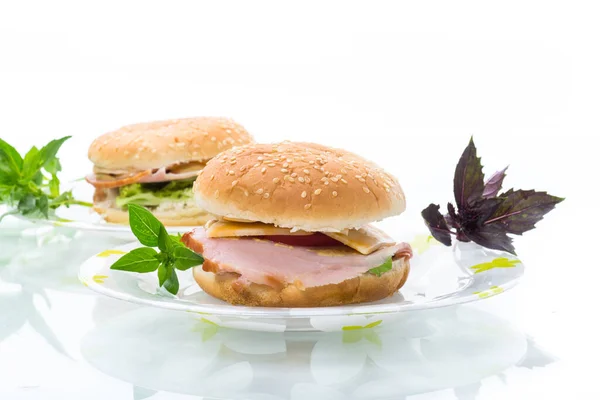 Morning sandwich with bacon, cheese and herbs — Stock Photo, Image