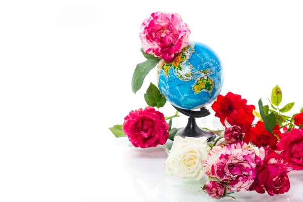 Globus mit Büchern und Blumen auf weißem Hintergrund — Stockfoto