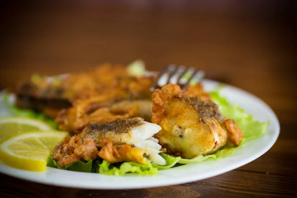 Fried hake fish in batter with lettuce and lemon in a plate — Stock Photo, Image