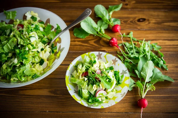 Tavaszi saláta korai zöldségekből, salátalevelekből, retekekből és fűszernövényekből, tálban az asztalon — Stock Fotó