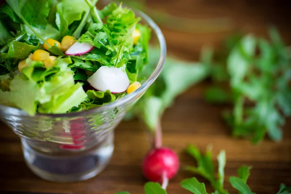 Voorjaarssalade van vroege groenten, sla bladeren, radijsjes en kruiden in een bord op tafel — Stockfoto