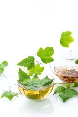 Yaz mevsimi ferahlatıcı organik çaydanlıktaki üzümlü yapraklardan yapılan çay