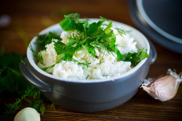 Ricotta fatta in casa salata con aglio ed erbe aromatiche in una ciotola — Foto Stock