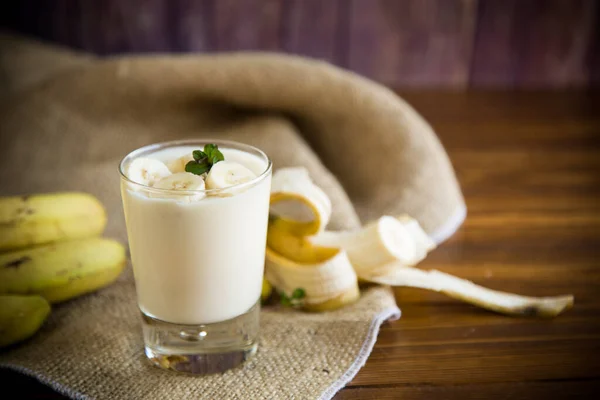 Sweet Tasty Homemade Yogurt Bananas Glass Wooden Table — Stock Photo, Image