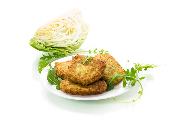 Vegetable Vegetarian Fried Cabbage Pancakes Plate Isolated White Background — Stock Photo, Image