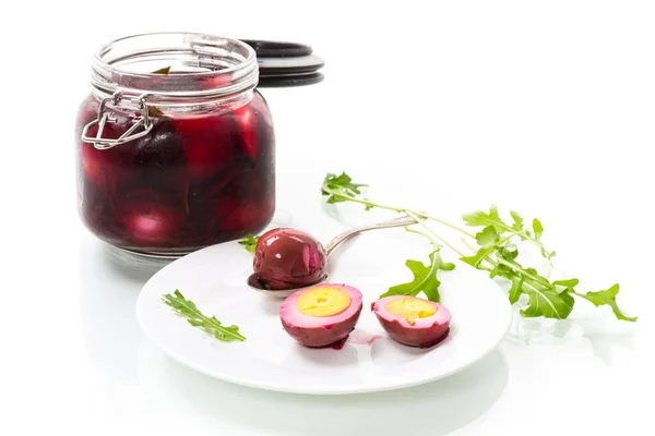 Marinated chicken eggs in beetroot marinade in a plate isolated on white background — Stock Image Marinated Chicken Eggs Beetroot Marinade Plate Isolated White Background Stock Photo