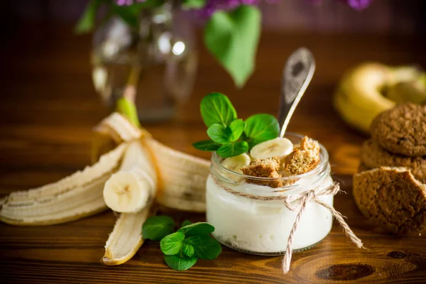 Sweet Homemade Yogurt Fresh Bananas Slices Oatmeal Cookies Glass Jar — Stock Photo, Image