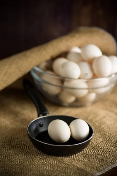 Organic Homemade Fresh Eggs Pan Burlap Wooden Table — Stock Photo, Image