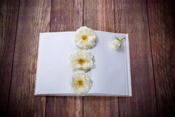 Ramo Hermosas Rosas Blancas Cuaderno Blanco Sobre Una Mesa Madera —  Fotos de Stock