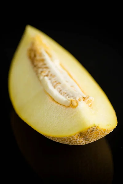 Studio Shot Notched Ripe Melon Galia Slice Isolated Black Background — Stock Photo, Image