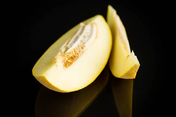 Studio Shot Notched Ripe Melon Galia Slice Isolated Black Background — Stock Photo, Image