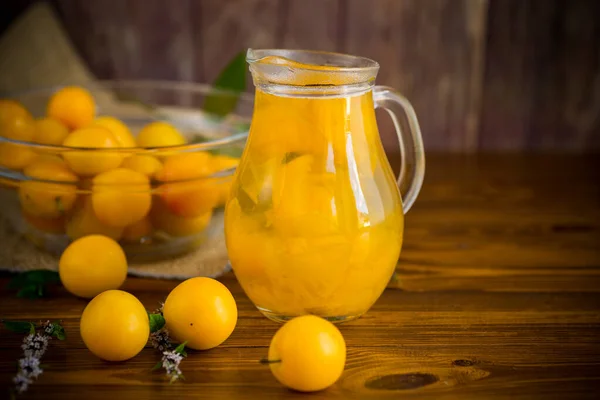 Sweet Cooked Compote Glass Decanter Ripe Yellow Cherry Plum Wooden — Stock Photo, Image