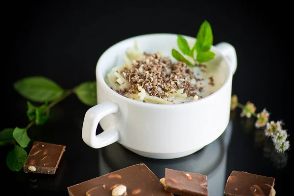 Sweet Noodles Milk Grated Chocolate Bowl Black Background — Stock Photo, Image