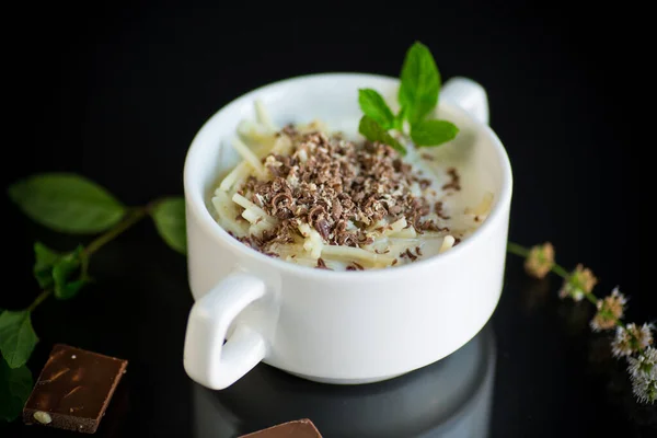 Sweet Noodles Milk Grated Chocolate Bowl Black Background — Stock Photo, Image