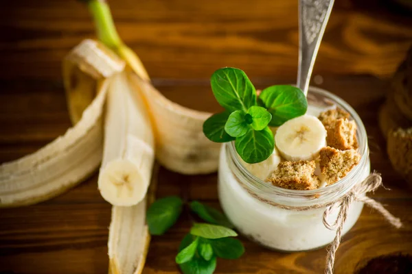 Sweet Homemade Yogurt Fresh Bananas Slices Oatmeal Cookies Glass Jar — Stock Photo, Image