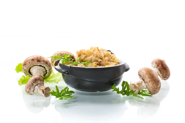 Vegetarian Cooked Rice Mushrooms Ceramic Bowl Isolated White Background — Stock Photo, Image