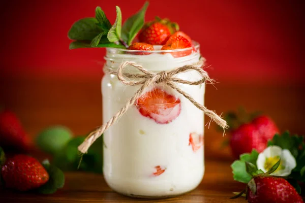 Sweet Homemade Yogurt Ripe Fresh Strawberries Jar Wooden Table — Stock Photo, Image