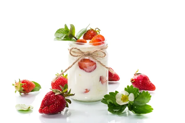 Sweet Homemade Yogurt Ripe Fresh Strawberries Jar Isolated White Background — Stock Photo, Image